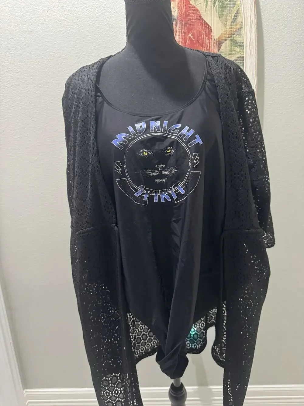 Midnight Spirit Black Cat One Piece Swim Suit With Coverup Women’s Sz XL